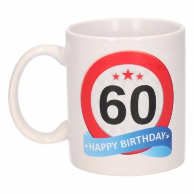 60 jaar Verjaardag koffiemok - cadeau beker - stopbord print - 300 ml - keramiek - wit