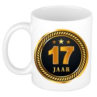 17 jaar cadeau mok / beker medaille goud zwart voor verjaardag/ jubileum - thumbnail