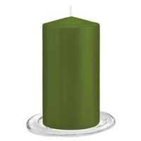 Trend Candles - Stompkaarsen met glazen onderzetters set van 2x stuks - olijf groen 8 x 15 cm - Stompkaarsen - thumbnail
