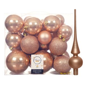 Set van 26x stuks kunststof kerstballen incl. glazen piek mat toffee bruin   -