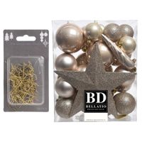 33x stuks kunststof kerstballen 5, 6 en 8 cm parel champagne inclusief ster piek en kerstbalhaakjes