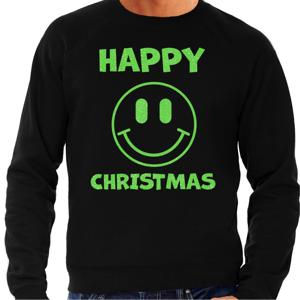 Foute Kersttrui/sweater voor heren - Happy Christmas - Smile Emoticon - zwart - glitter groen