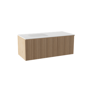 Balmani Forma zwevend badmeubel 120 x 55 cm naturel eiken met Tablo Arcato asymmetrisch linkse wastafel in solid surface mat wit, Verticale asymmetrische ronde ribbel