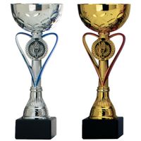 Luxe trofee/prijs beker - zilver/blauw hart - goud/rood hart - metaal - 20 x 8 cm - thumbnail