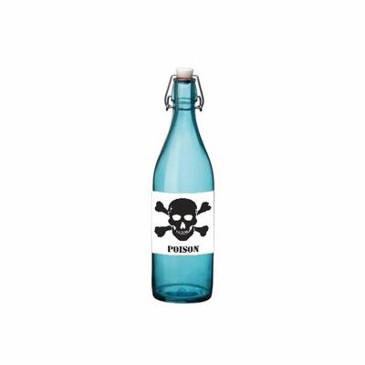 Halloween versiering - blauwe beugelfles - met vergif etiket - 1000 ml
