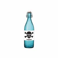 Halloween versiering - blauwe beugelfles - met vergif etiket - 1000 ml