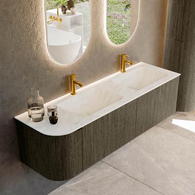 Badmeubel Mondiaz Kurve-Dlux | 155 cm cm | Meubelkleur Shadow | Wastafelkleur Opalo | Solid surface | Dubbel / Rechts spoelbak | 2 kraangaten