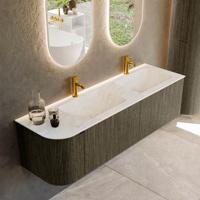 Badmeubel Mondiaz Kurve-Dlux | 155 cm cm | Meubelkleur Shadow | Wastafelkleur Opalo | Solid surface | Dubbel / Rechts spoelbak | 2 kraangaten