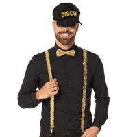 Disco Verkleedset - bretels/bril/strik en cap - goud/zwart - Carnaval/70's/80's - themafeest Disco Verkleedset - bretels/bril/strik en cap - goud/zwart - Carnaval/70's/80's - themafeest