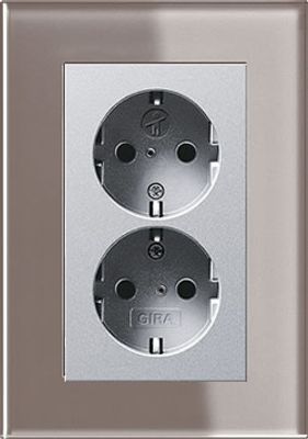 Dubbel stopcontact aluminium met Gira esprit umbra glas afdekraam recht