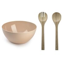 Salade serveer schaal - beige - kunststof - Dia 28 cm - incl. bamboe Sla couvert/bestek