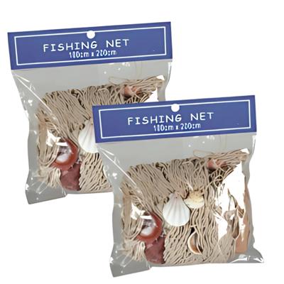 Decoratie visnet met schelpen - 2x - naturel - 100 x 200 cm - netten