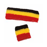 Zweetbandjes set - zwart/geel/rood - verkleed accessoires - hoofd en pols - Belgie - thumbnail