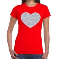 Zilveren hart glitter t-shirt rood dames