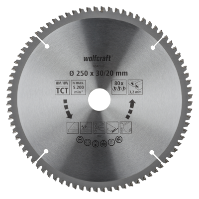 Wolfcraft Kap- en verstekzaagblad | HM | 80 Zähne | Ø250mm | 1 stuk - 6542000
