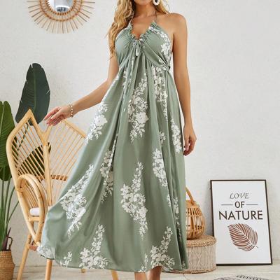 Boho Blue and White Striped Halter Neck Backless Maxi Dress Floralgreen / S