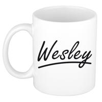 Wesley Naam koffiemok - beker - met sierlijke letters - wit - 300 ml - Cadeau - Heren