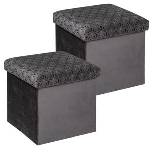 Poef/krukje/hocker Royal - 2x - Opvouwbare zit opslag box - fluweel Donkergrijs - D38 x H38 cm