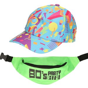 Foute 80s/90s party verkleed set - dames - retro pet en heuptasje - jaren 80/90 verkleed accessoires