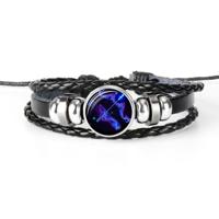12 sterrenbeeld zwart gevlochten lederen glazen koepel Punk mannen Bracelet(Sagittarius)
