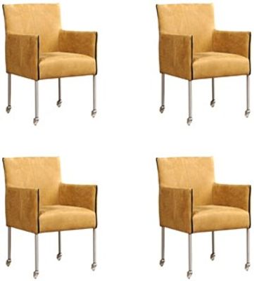 Set van 4 Feloranje leren moderne kuipstoel More - poot rond rvs met wiel - Kenia Leer Walnut (feloranje leer)