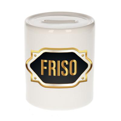 Spaarpot met voornaam Friso - wit - goud/zwart embleem - 8 x 9 cm - keramiek - afsluitdop