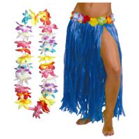 Hawaii verkleed hoela rokje en bloemenkrans met led - volwassenen - blauw - tropisch themafeest - thumbnail