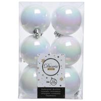 Decoris kerstballen - 12x st - parelmoer wit - 6 cm - kunststof - mat/glans - kerstversiering