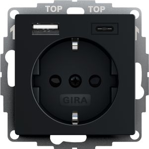 Gira USB en USBC lader 15W 3A Mat Zwart RAL9005 met stopcontact 2459005