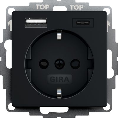 Gira USB en USBC lader 15W 3A Mat Zwart RAL9005 met stopcontact 2459005