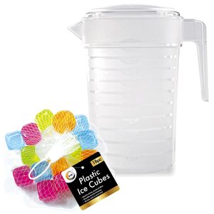 Set water/sap/schenkkannen set van 2x stuks met deksels van 1000 ml met 18x herbruikbare ijsklontjes