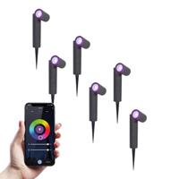 Set van 6 Pinero - Smart LED Prikspot - IP65 waterdicht - 5,5 Watt 345 Lumen - RGBWW - GU10 - Wifi + Bluetooth - IP65 Waterdicht - Bestuurbaar via app - Google Home, Amazon Alexa en Siri - Zwart - Tuinspots