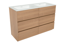 Storke Edge staand badkamermeubel 130 x 52,5 cm ruw eiken met Mata dubbele wastafel in matte Solid Surface