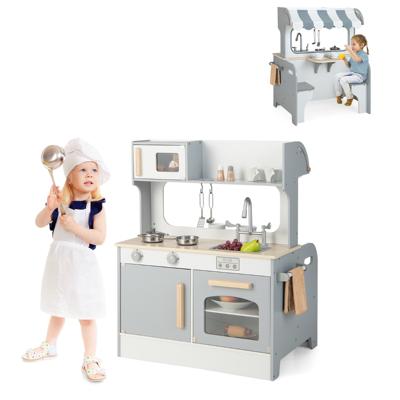 2-In-1 Kinder Speel Keuken & Restaurant met Tapkraan Gootsteen Fornuis Oven Opbergkast Handdoek Bar Hangende Haak Eetplaats