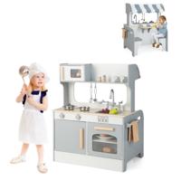 2-In-1 Kinder Speel Keuken & Restaurant met Tapkraan Gootsteen Fornuis Oven Opbergkast Handdoek Bar Hangende Haak Eetplaats