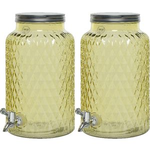 2x drankdispenser/limonadetap met kraantje - glas - 5,5L - geel - Drankdispensers