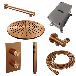 Regendoucheset Inbouw Brauer Copper Carving Thermostatisch 30 cm met 3-Weg Omstelling, Wandarm en Staaf Handdouche Geborsteld Koper Brauer