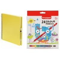 Geel schetsboek/tekenboek met 24 kleurpotloden   -