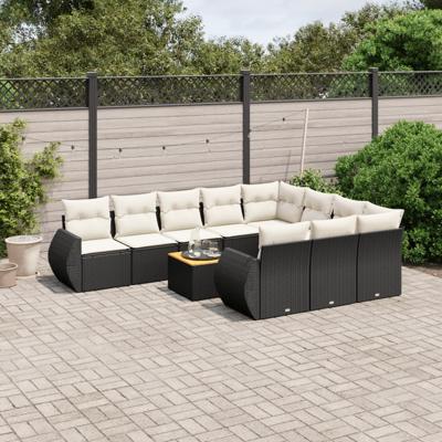 11-delige Loungeset met kussens poly rattan zwart