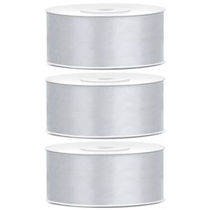 3x Zilveren satijnlinten rol 2,5 cm x 25 meter cadeaulint verpakkingsmateriaal - Cadeaulinten