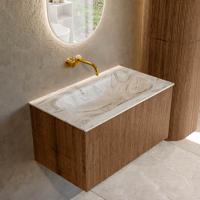 Badmeubel Mondiaz Kurve-Dlux | 80 cm | Meubelkleur Walnut | Wastafelkleur Glace | Solid surface | Midden spoelbak | Zonder kraangat(en) Badmeubel Mondiaz Kurve-Dlux | 80 cm | Meubelkleur Walnut | Wastafelkleur Glace | Solid surface | Midden spoelbak | Zonder kraangat(en)