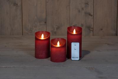 3ST KAARS BORDEAUX WAX RUSTIEK BEWEGENDE VLAM 7,5X10/12,5/15CM AFSTANDSBEDIENING 3X3AAA - Annas collection
