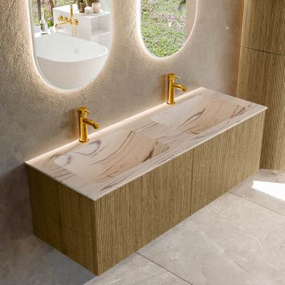 Badmeubel Mondiaz Kurve-Dlux | 130 cm | Meubelkleur Dusk | Wastafelkleur Nata | Solid surface | Wasbak beide zijden spoelbak | 2 kraangaten