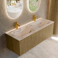 Badmeubel Mondiaz Kurve-Dlux | 130 cm | Meubelkleur Dusk | Wastafelkleur Nata | Solid surface | Wasbak beide zijden spoelbak | 2 kraangaten