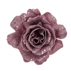 1x stuks decoratie bloemen roos roze glitter op clip 10 cm