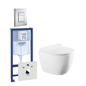 QeramiQ Salina Compact toiletset bestaande uit inbouwreservoir, compact wandcloset met toiletzitting en bedieningsplaat verticaal/horizontaal RVS 0729205/0720026/sw258541/