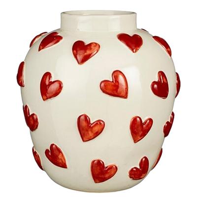 Mica Decorations vaas harten - H33 x D30 cm - Keramiek - Wit/rood