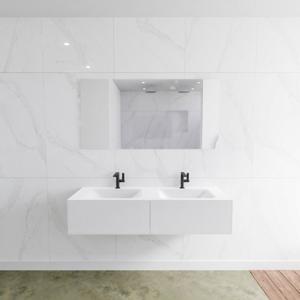 Mondiaz Lagom Cloud White badmeubel wit mat 140 cm 2 lades solid surface dubbele spoelbak 2 kraangaten