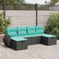 6-delige Loungeset met kussens poly rattan zwart