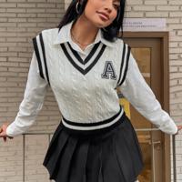 Bon&Bon Letter Patch Cricket Sweater Vest - White V-Neck Striped Knit White / XS